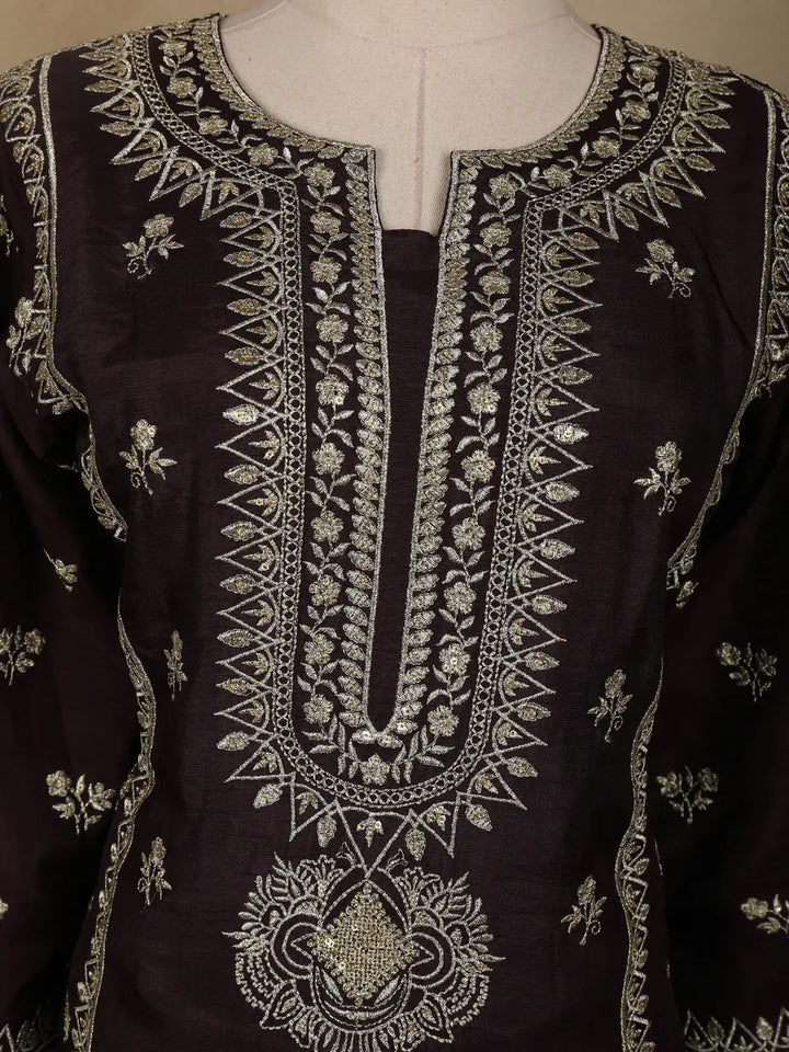 Black Floral Designed Raw Silk Salwar Suit - Diadem