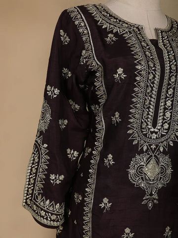 Black Floral Designed Raw Silk Salwar Suit - Diadem