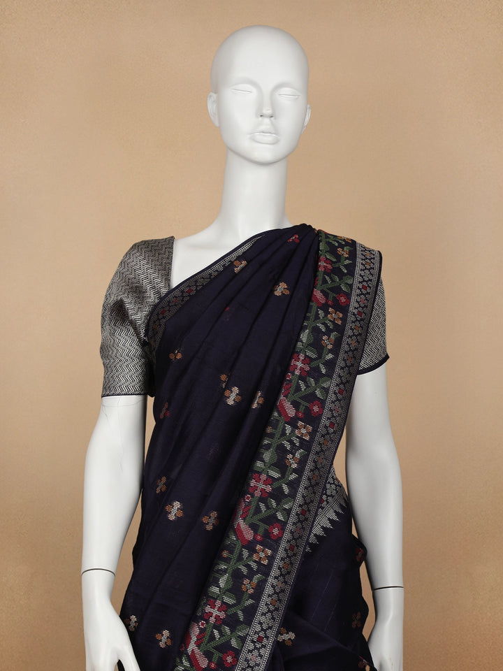 Black Floral Designed Raw Silk Saree - Diadem