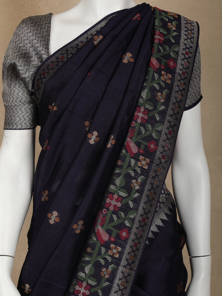 Black Floral Designed Raw Silk Saree - Diadem