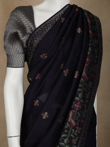 Black Floral Designed Raw Silk Saree - Diadem