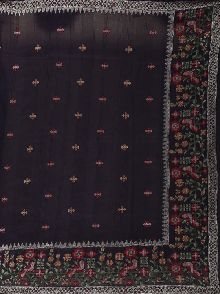 Black Floral Designed Raw Silk Saree - Diadem