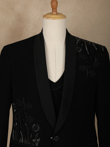 Black Floral Designed Reception Men's Suit - Diadem