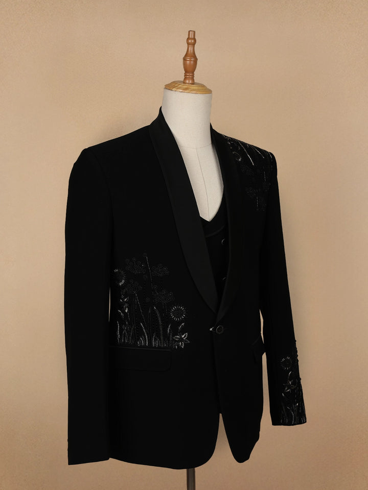 Black Floral Designed Reception Men's Suit - Diadem