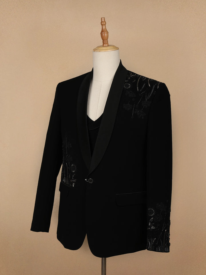 Black Floral Designed Reception Men's Suit - Diadem