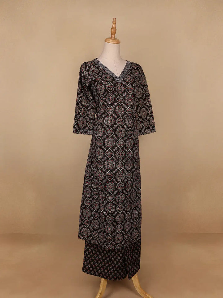 Black Floral Designed Cotton Salwar Suit - Diadem