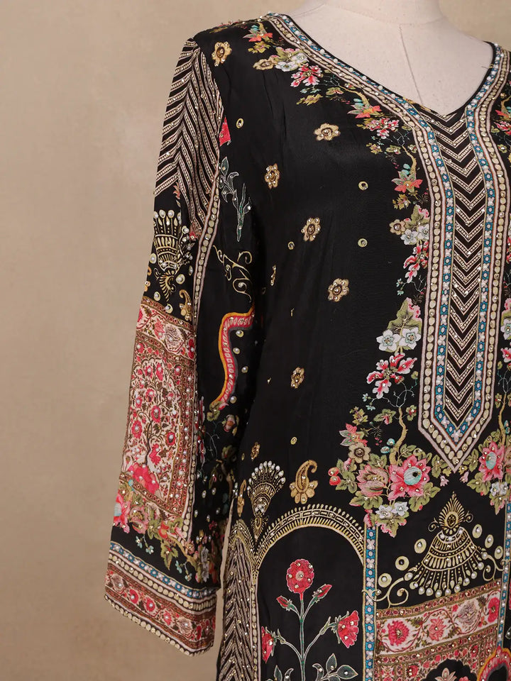 Black Floral Designed Semi Silk Palazzo Salwar Suit - Diadem