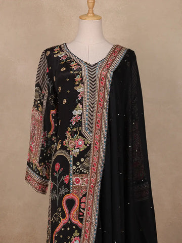 Black Floral Designed Semi Silk Palazzo Salwar Suit - Diadem