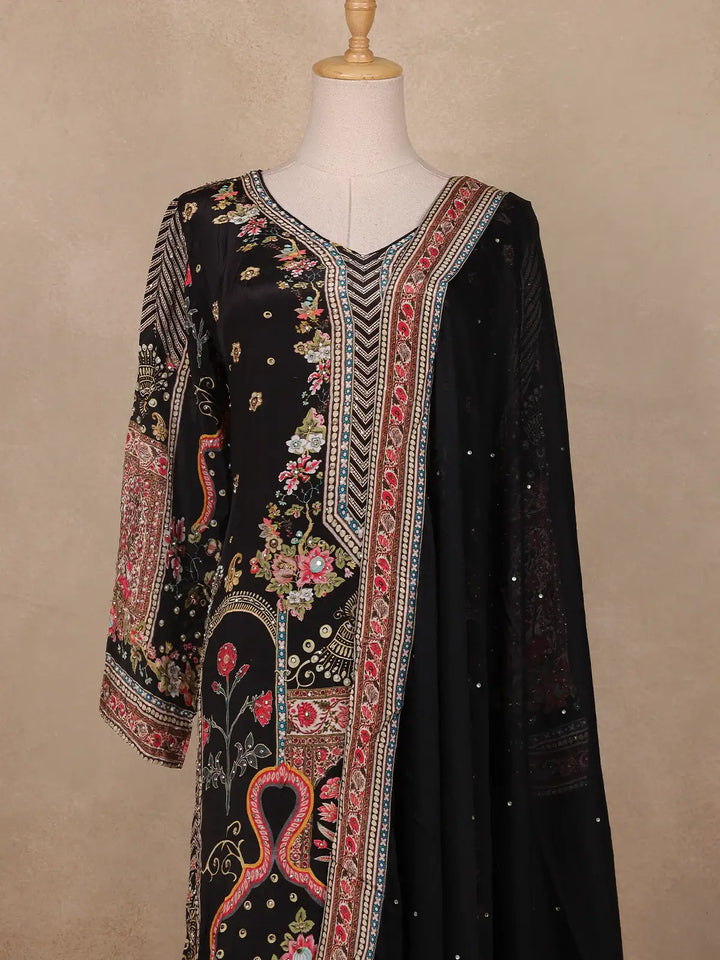 Black Floral Designed Semi Silk Palazzo Salwar Suit - Diadem