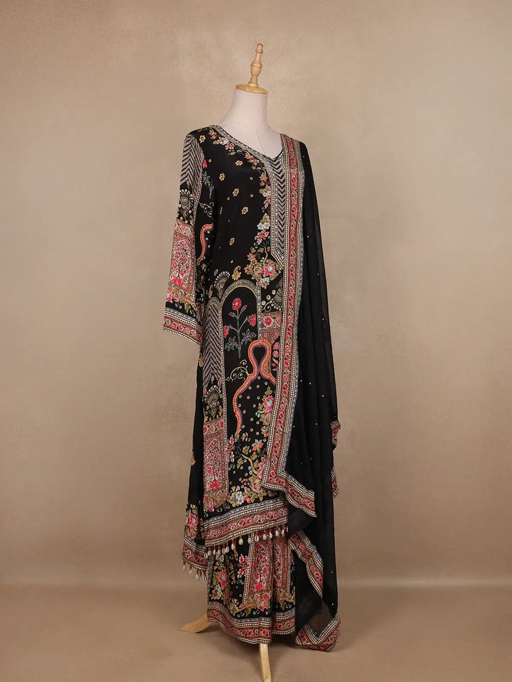 Black Floral Designed Semi Silk Palazzo Salwar Suit - Diadem
