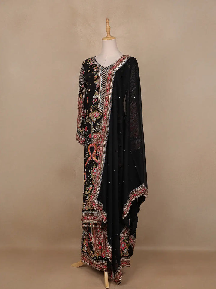 Black Floral Designed Semi Silk Palazzo Salwar Suit - Diadem