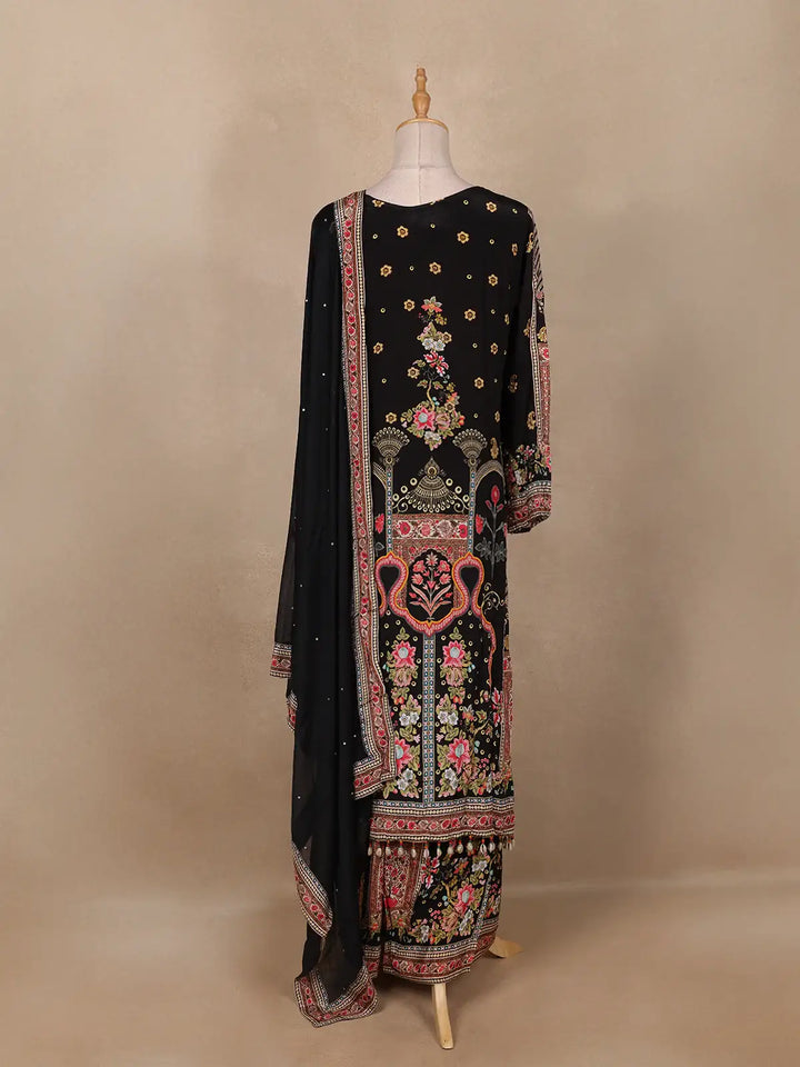 Black Floral Designed Semi Silk Palazzo Salwar Suit - Diadem
