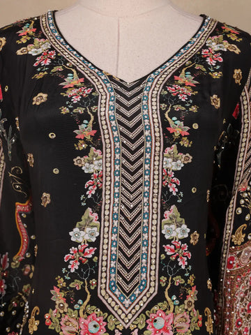 Black Floral Designed Semi Silk Palazzo Salwar Suit - Diadem