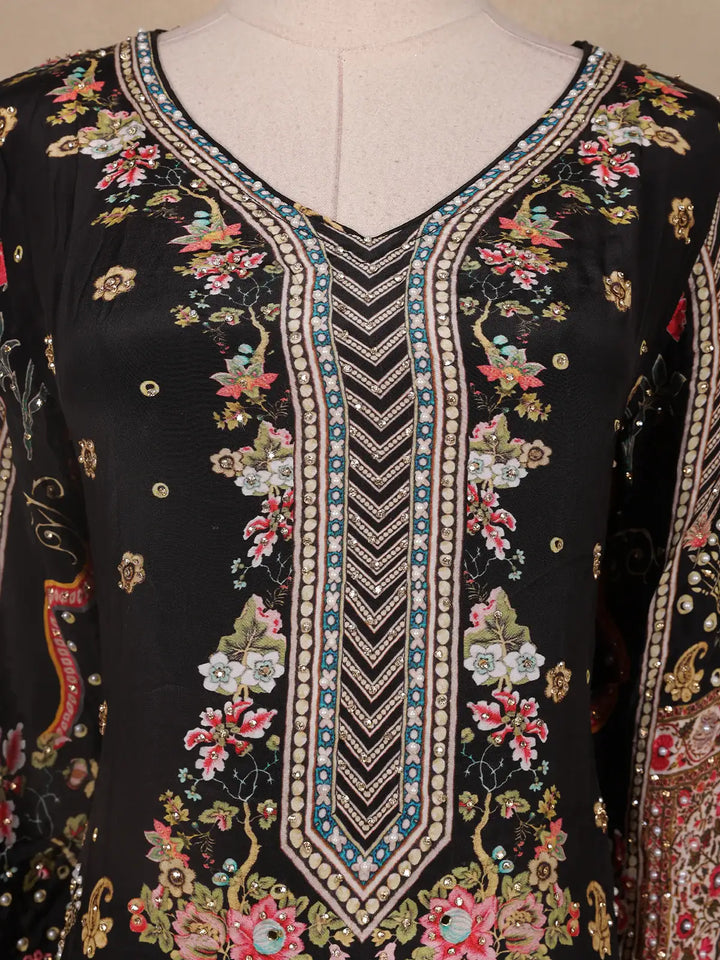 Black Floral Designed Semi Silk Palazzo Salwar Suit - Diadem