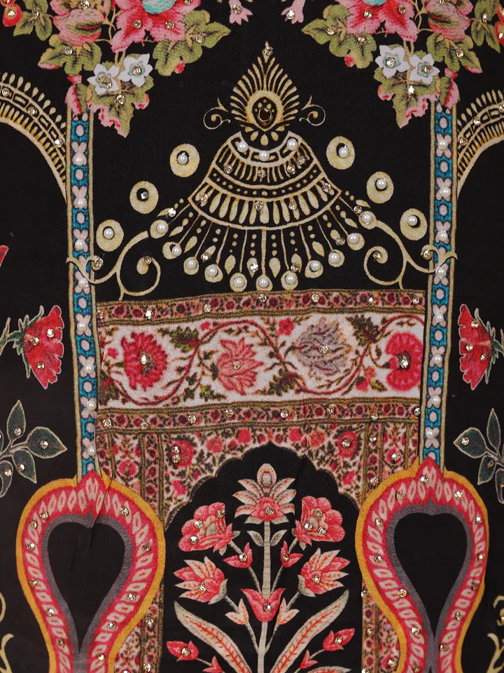 Black Floral Designed Semi Silk Palazzo Salwar Suit - Diadem