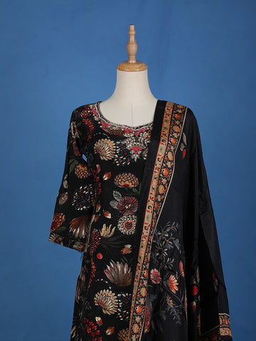 Black Floral Designed Semi Silk Salwar Suit - Diadem