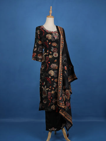 Black Floral Designed Semi Silk Salwar Suit - Diadem