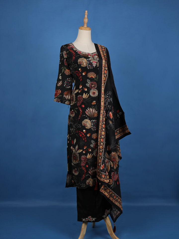 Black Floral Designed Semi Silk Salwar Suit - Diadem