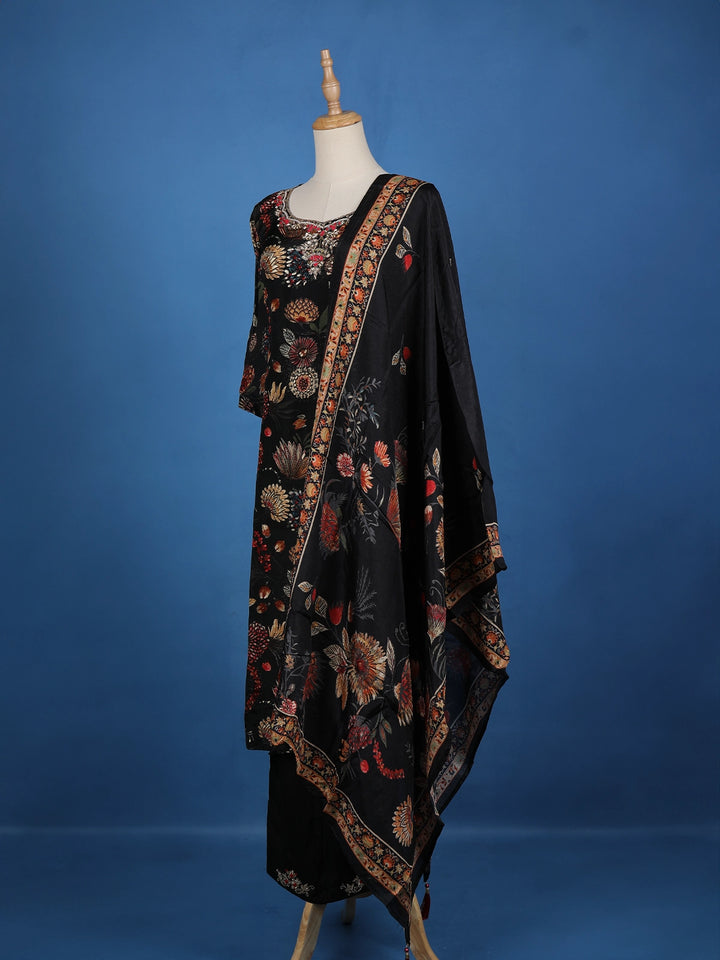 Black Floral Designed Semi Silk Salwar Suit - Diadem