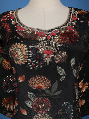 Black Floral Designed Semi Silk Salwar Suit - Diadem