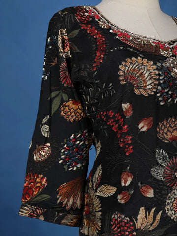 Black Floral Designed Semi Silk Salwar Suit - Diadem