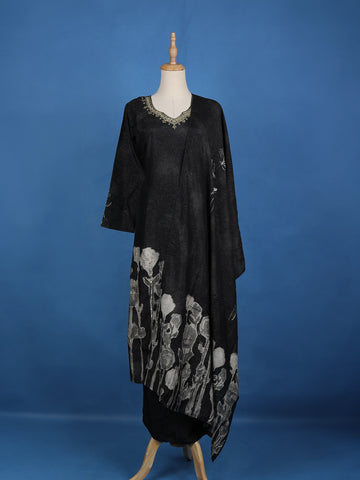 Black Floral Designed Semi Silk Salwar Suit - Diadem
