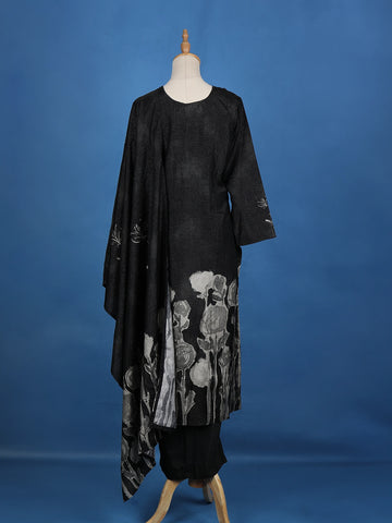 Black Floral Designed Semi Silk Salwar Suit - Diadem