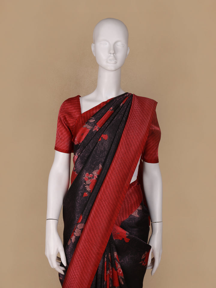Black Floral Designed Soft Silk Saree - Diadem