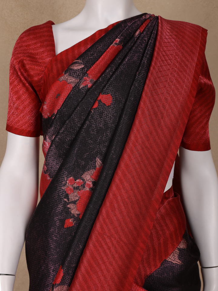 Black Floral Designed Soft Silk Saree - Diadem