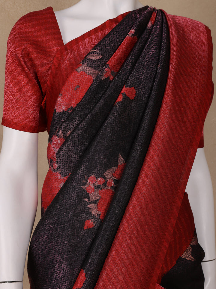 Black Floral Designed Soft Silk Saree - Diadem