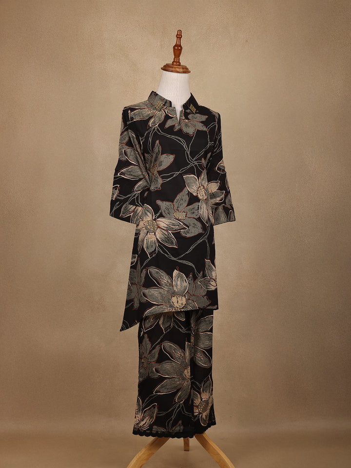 Black Floral Design Printed Cotton Salwar Suit - Diadem