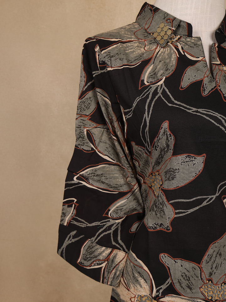 Black Floral Design Printed Cotton Salwar Suit - Diadem