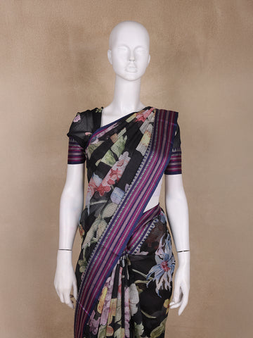 Black Floral Design Printed Kota Cotton Saree - Diadem