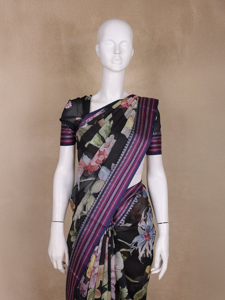 Black Floral Design Printed Kota Cotton Saree - Diadem
