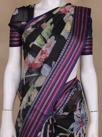 Black Floral Design Printed Kota Cotton Saree - Diadem