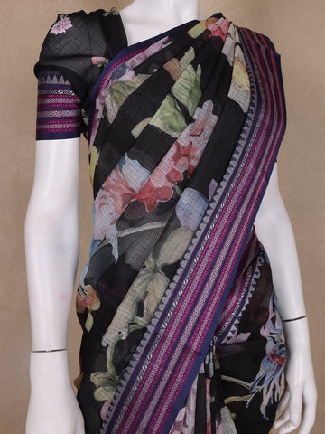Black Floral Design Printed Kota Cotton Saree - Diadem