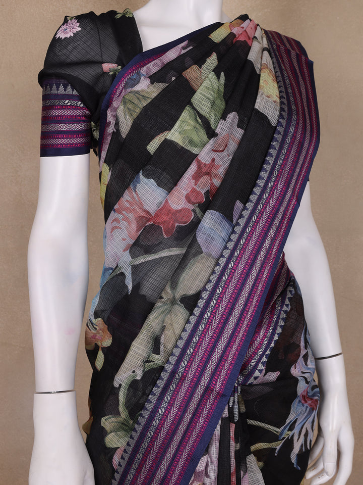 Black Floral Design Printed Kota Cotton Saree - Diadem