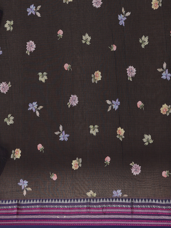 Black Floral Design Printed Kota Cotton Saree - Diadem