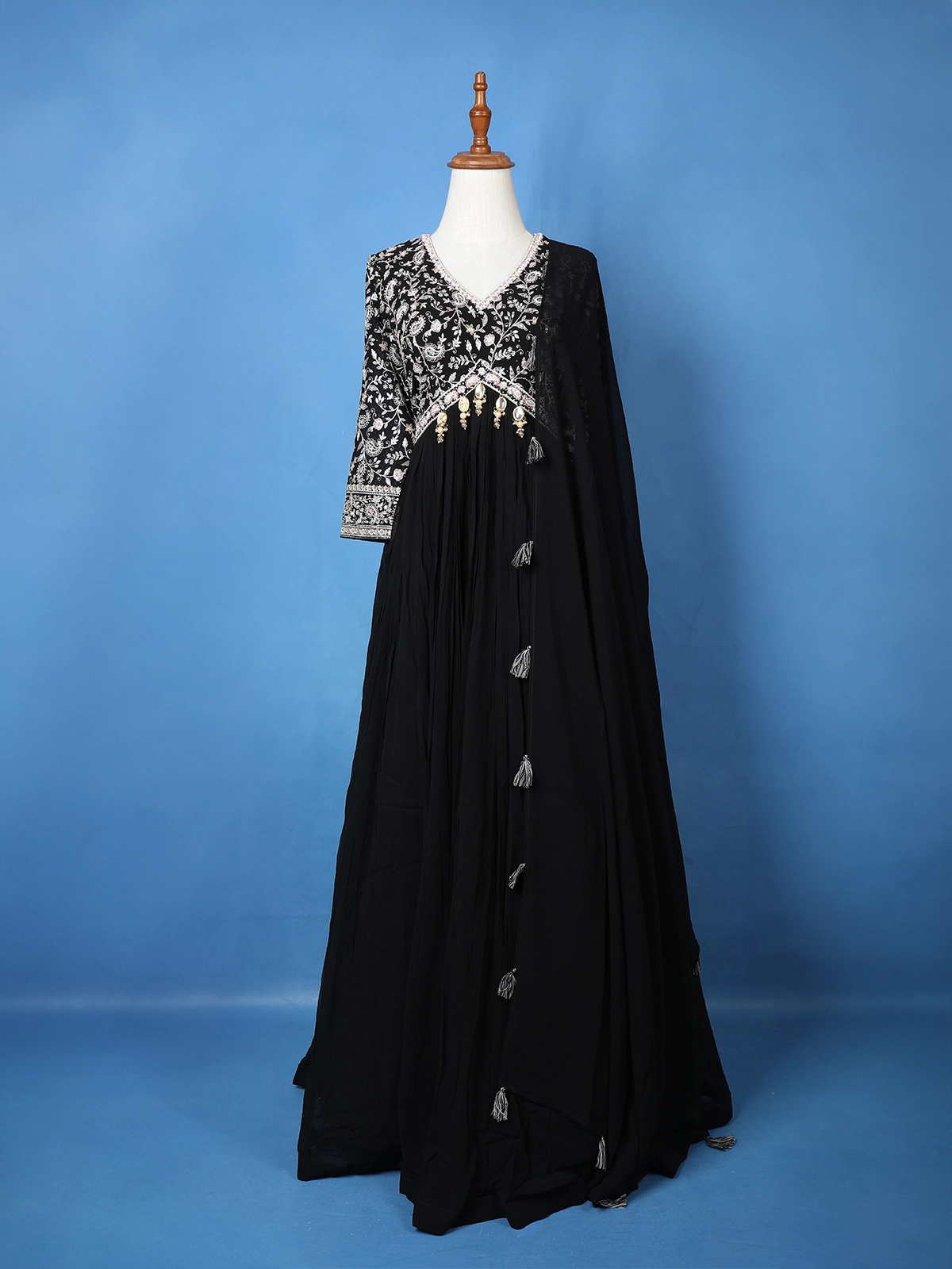 Black Floral Embroidered Bead Work Georgette Gown