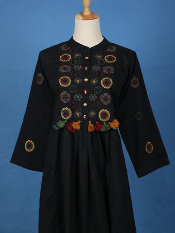 Black Floral Embroidered Cotton Palazzo Salwar Suit - Diadem