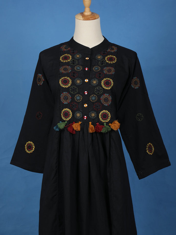 Black Floral Embroidered Cotton Palazzo Salwar Suit - Diadem