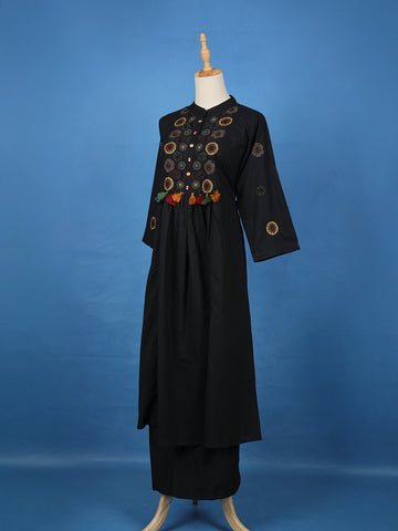 Black Floral Embroidered Cotton Palazzo Salwar Suit - Diadem