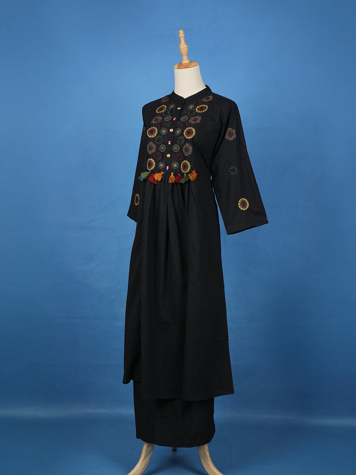Black Floral Embroidered Cotton Palazzo Salwar Suit - Diadem