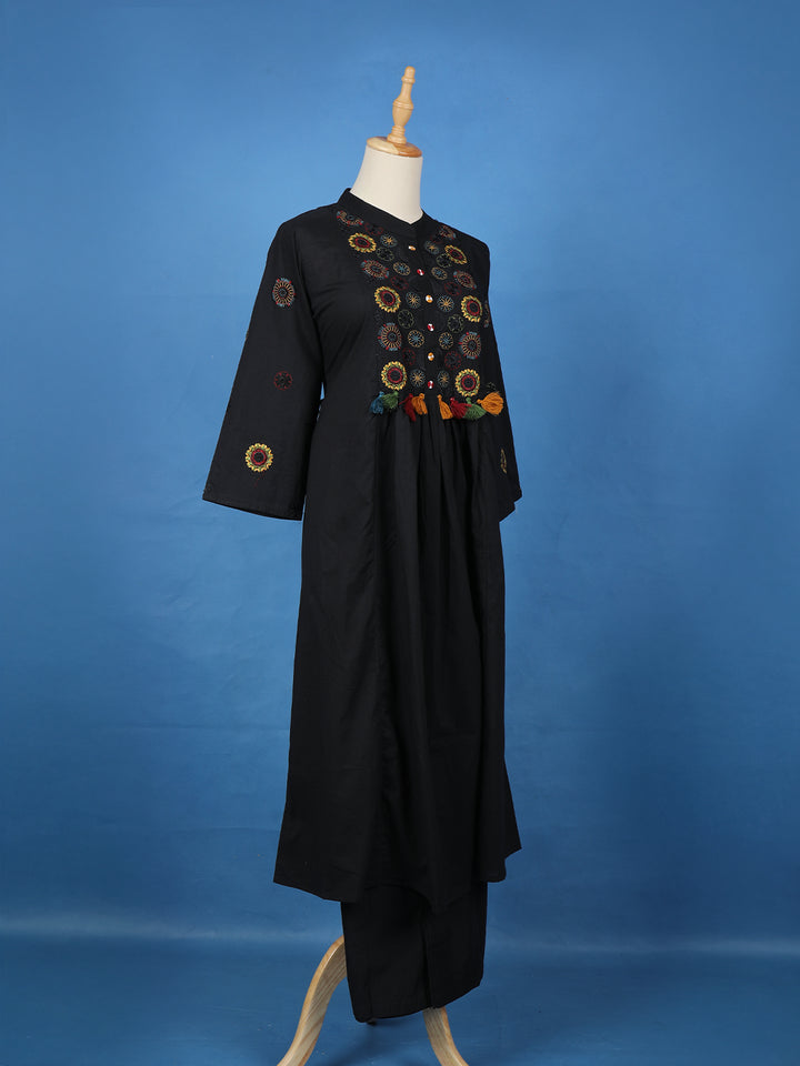 Black Floral Embroidered Cotton Palazzo Salwar Suit - Diadem