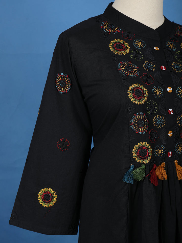 Black Floral Embroidered Cotton Palazzo Salwar Suit - Diadem