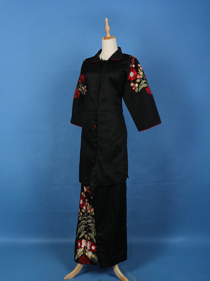 Black Floral Embroidered Cotton Salwar Suit - Diadem