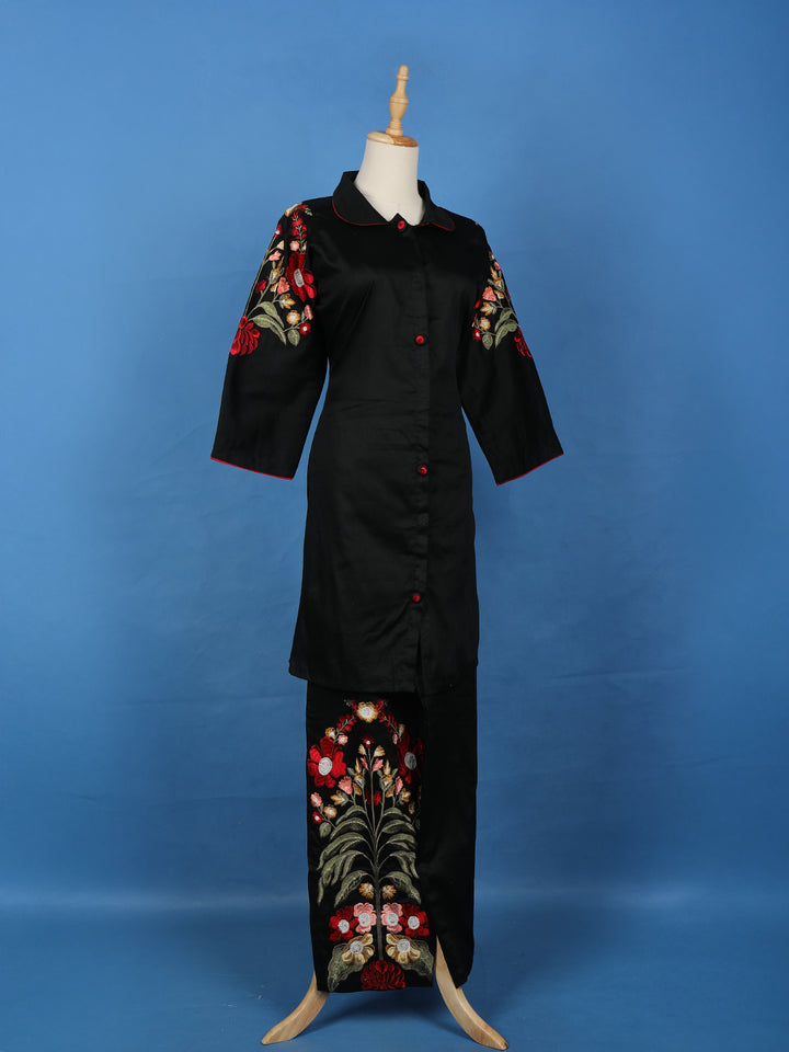 Black Floral Embroidered Cotton Salwar Suit - Diadem