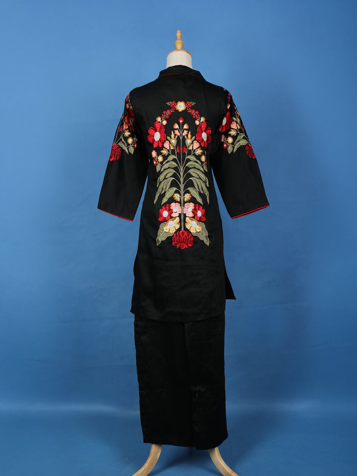 Black Floral Embroidered Cotton Salwar Suit - Diadem