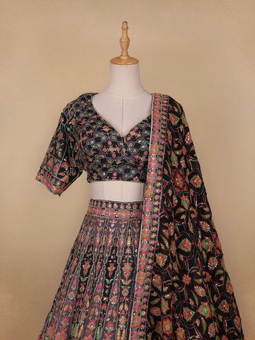 Black Floral Embroidered Semi Silk Lehenga for Brides - Diadem