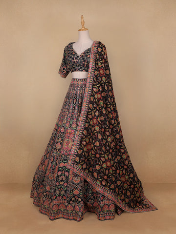 Black Floral Embroidered Semi Silk Lehenga for Brides - Diadem